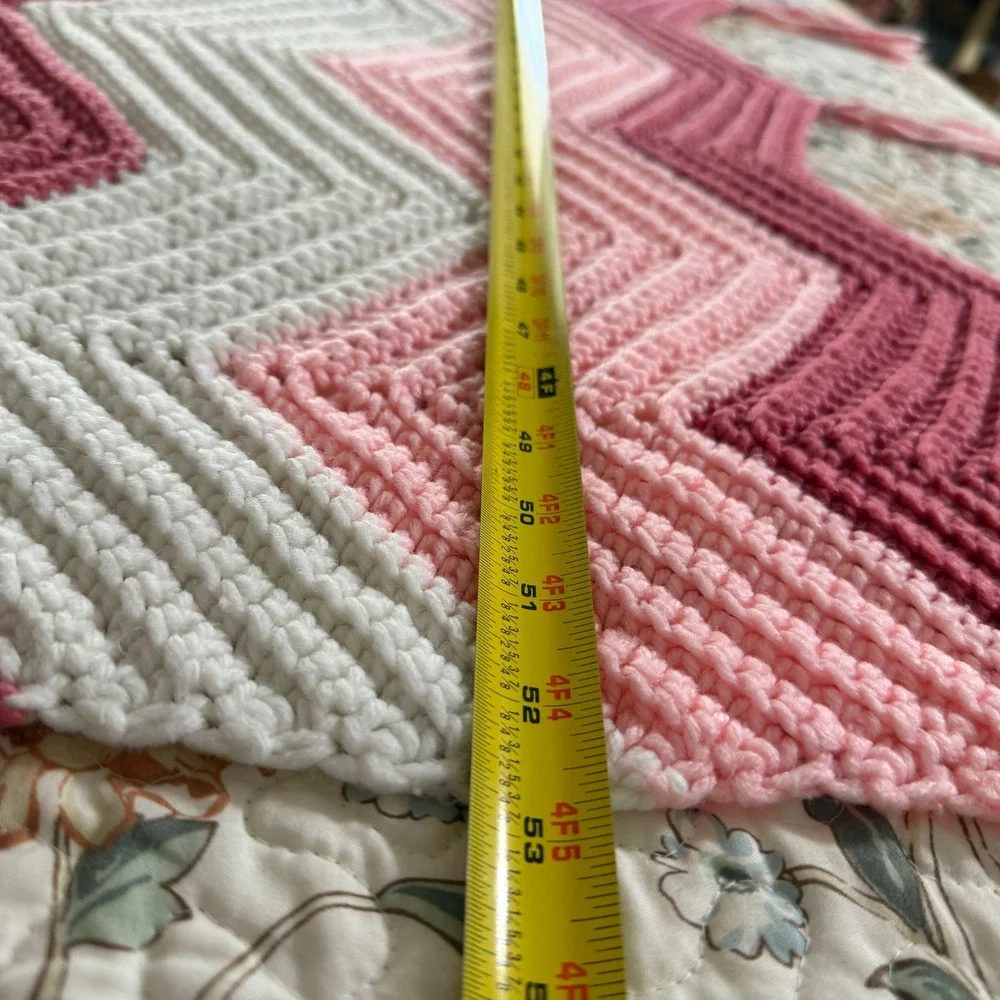 Vintage Handmade Crochet Chevron Ripple Blanket Pink white Tasseled Afghan 64x53